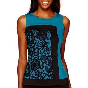 Teal & black lace peplum top S